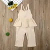 Jumpsuits 16Y Kids Baby Girls Clothes Cotton Linen Ruffle Romper Sleeveless Backless Wide Leg Pants Trousers Summer Clothing6751913