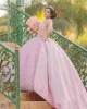 Pink Quinceanera Kleider lange Ärmel Spitze Applique Perlen Tüll Satin Pailletten Juwelenausschnitt Süßes Festzug Prinzessin Ballkleid Vestido