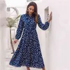 Vintage Laterne Ärmel blau Leopard Print Dot Winter Kleid Frauen lange Bowknot Herbst elegante Vestidos 210427
