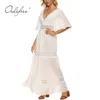 Été femmes longue en mousseline de soie dentelle blanche Sexy Maxi tunique robe de plage vêtements de vacances 210415