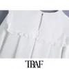 Vrouwen zoete mode met ruche trim witte mini jurk vintage grote kraag lange mouw vrouwelijke jurken vestidos mujer 210507