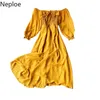 NEPLOE BOHO Chiffon Dress Women Fashion Slash Neck Puff Sleeve Beach Klänningar Sommar Elegant Mid Calf A Line Vestidos 1c476 210423