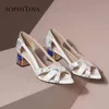 Sophitina Bekväma Kvinnors Sandaler Ko Läder Tryck Open Toe Metal Square Diamant Heel Shoes Leisure Sandals Kvinnor SO494 210513