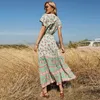 Jastie V-cou à manches courtes robe d'été imprimé floral bohème maxi robes décontractées plage femmes vêtements femmes robes 210419