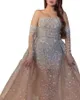 2021 Yeni Pembe Abiye Jewel Boyun Boncuklu Payetli Dantel Uzun Kollu Mermaid Balo Elbise Sweep Tren Özel Illusion Robes de Soirée