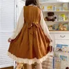 Japanse herfst nieuwe kawaii lolita splicing cosplay loli jurk zoete zachte meid boog volle mouw schattige ruches bruine streepjurken