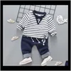 Sats Baby Baby Kids Maternity Drop Leverans 2021 Kläder Privat Etikett Jeans Suit Stripe Olined Övre Kläder av Cotton Kores Edition Childr