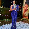 Royal Blue Jumpsuit Prom Dresses One Long Sleeve Sequins Outfit Cocktail Party Gowns Plus Size Arabic Aso Ebi Empire Evening Wears