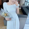 Kvinnors sommar Korea Chic White Lace Puff Sleeve Square Collar Sweet Slim Hight Waist Temperament Midi Dresses Kläder 210514