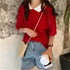 夏の韓国のカジュアルビンテージT上の女性半袖のターンダウンカラーポケットティーソリッドルーズファッションTシャツ210513