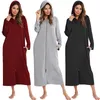 Witbuy Autumn Women's Zipper Front Robe Coat With Pockets Modal Bathrobe Hooded Solid Long Sleeve Night Wear Women Gown 210901