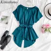 Kimutomo Nieregularne krótkie rękaw Szyfonowa Koszulka Kobiety Solid Color O-Neck Bow Lace Up Slim Top Koreański Lato Moda 210521