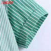 Summer Women Green Striped Crop Shirt Vintage Short Sleeve Knotted Hem Female Blouse Chic Tops BE638 210416
