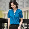 Blue Szyfonowa Koszula Kobiety Lato Krótki Rękaw Design Moda Temperament Streamament V Neck Bluzki Biurowe Panie Pracy Topy 210604