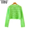 TRAF Women Fashion Hollow Out Cropped Knitted Cardigan Sweater Vintage Long Sleeve Button-up Female Outerwear Chic Tops 210415