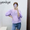 Moda Kobiety Pół-Sheer Purple Jacquard Crop Top Sexy Backless O Neck Krótki Rękaw Lato Topy Plus Size Blusas Mujer BBWM2197 210514