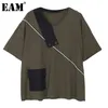 [EAM] Dames Groene splitsen Pocket Big Size Casual T-shirt Ronde hals Korte Mouw Mode Lente Zomer 1DD7518 210512