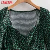 Women Green Floral Print Square Neck Long Sleeve Ladies Mini Dress Vestidos XN314 210416