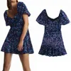 Azul Lantejoula Mini Dress Mulheres Vintage Brilho Sparkly Brilho Curto Puff Sleeve ES Senhoras Noite Sexy 210519