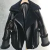 Peles feminino feminino Faux Luxury Shearling Coat Short Winter Winter Black Casaco de couro real 2022 Motocicleta quente Cordeiro