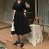 Yaz Vintage kadın Elbiseleri Rahat Gevşek Şemsiye Kısa Kollu Moda V Boyun Kadın Chic A-Line 210428