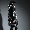メンズレザーのフェイク冬のファッション男性の毛皮のコートスリムフィットジャケット、カジュアルなフード付きスプライス長いオーバーコートセクションプラスサイズs~4xl