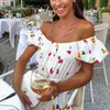 Boho Off Shoulder Cherry Print Dress Women Sexy Slash Neck Maxi Dress Summer Beach Short Sleeve Long Dress vestidos 210514