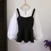 Lente Mode Vrouw Mooie Puff Sleeves Tops + Zwart Vest 2 stks Sets Meisjes Dames Shirts A651 210428