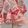 الوردي طباعة فستان خمر للنساء الخامس الرقبة فانوس طويل الأكمام عالية الخصر ضرب لون البسيطة فساتين الإناث الصيف نمط 210520