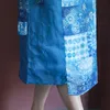 Johnature Femmes Vintage Bandage Robes Patchwork Imprimer Robes Florales Bleu Été O-Cou À Manches Courtes Femme Robe Lâche 210521