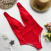 Sexy red one piece women Push up V neck bathing suit swimwear overall Summer sleeveless female solid 210414