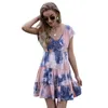 Summer Tie Dye Kobiety Krótki Rękaw V-Neck Sexy Mini Dress Casual Luźne Plisowane Ruffles Ladies Streetwear Beach Party Dresses 210608