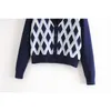 Herfst winter mode vrouwen vintage chic slanke korte v-hals colorblock argyle plaid brei cardigan truien tops 210508