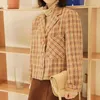 Women Plaid Pocket Button Long Sleeve Notch Collar Blazer Short Cropped Single-breasted Yellow Red C0322 210514