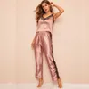 Twee stukken Satin Pyjama Set V-hals Pyjama Leuke Camisole Top en Broek Zachte Nachtkleding Hol Lace Loungewear 210901