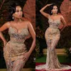 2022 Plus Size Arabski ASO EBI Gold Luksusowy Mermaid Prom Dresses Zroszony Kryształy Sparano Wieczór Formalna Party Druga Recepcja Suknia Sukienka Zj236
