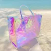 Bolsos de hombro Bolso de compras colorido Tote 2021 Arco iris mágico Playa portátil Láser transparente Verano Mujer