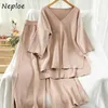 Neploe Sweet Suit V-neck Solid Color Split Knitted Pullovers + Straight Stretch Waist Wide Leg Pants 2 Piece Set Women 210925
