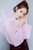 Chemisier à volants rose femmes 2021 été doux mignon volants à manches longues chemises dames hauts Blusas Mujer De Moda chemisiers pour femmes