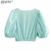 Zevity Women Cross V Neck Pleat Puff Sleeve Solid Short Smock Blouse Femme Hem Elastic Kimono Shirt Chic Blusas Tops LS7630 210603