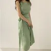 Moda vestido feminino com decote quadrado exposto clavícula de algodão e linho lace emagrecimento venda 210520