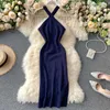 Kadın Moda Ins Seksi Çapraz Halter Örme Yüksek Bel Paketi Kalça Katı Renk Yaz Elbise Vestidos L576 210527