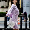 Automne arrivée tempérament Solide violet femmes robe O-Neck French Puff Sleeve Folds slim single-breasted bag hip dresses 210427