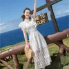 White lace vintage Long dress woman stand neck short sleeve hollow out elegant party Maxi spring summer sexy vestido 210519