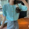 Korean Twisted Knitted Cardigan Tops Women Summer Short Sleeve O-neck Single Breasted Elegant Ladies Sweater Jumpers Femme 210513