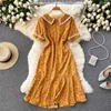 Mode Frauen Sommer Puppe Kragen Kurzarm Einreiher Schlank Retro Blumendruck Kleid Vintage Vestido De Mujer S823 210527