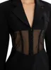 無料のシアーメッシュステッチブレザーファッションラペル長袖ブラックスリムブレイズ女性オフィスジャケット服210524
