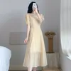 Simple and Elegant Solid Yellow Female Summer Square Collar Puff Sleeve Sashes Slim Big Swing A Line Mid-Calf Dresses 210514