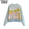 TRAF Women Fashion Animal Jacquard Stickad Sweater Vintage O Neck Långärmad Kvinnlig Pullovers Chic Toppar 210415