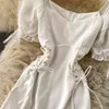 Women Bandage Mini Dress Summer Vintage Square Collar Puff Sleeved White Dresses Ladies Elegant French Short Robe Vestidos 210525